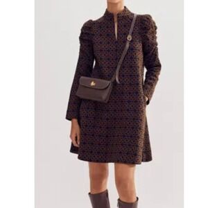 ME+EM Travel Tailoring Graphic Jacquard Puff Sleeve Mock Neck Mini Dress 8